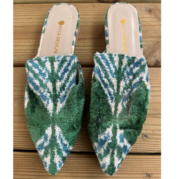 Ayca Design Green Blue Ikat Velvet Mules Size 39 | Handmade Kilim Flats - Picture 1 of 4